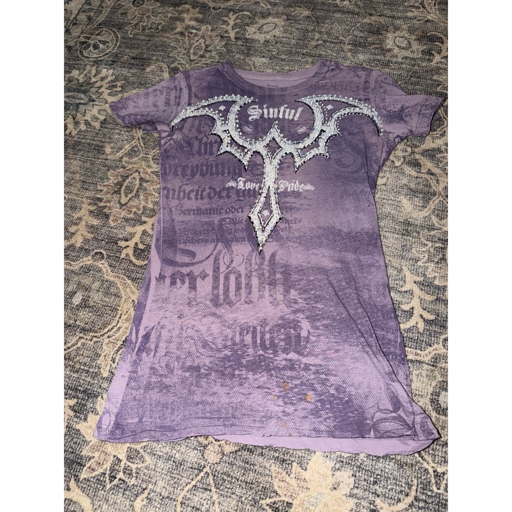 Sinful Women's Purple Graphic T-Shirt Rhinestone Cross Y2K